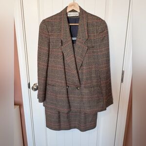 Vintage Evan Picone 2 Piece Plaid Wool Suit Set Skirt/Blazer W10 Red/Browns